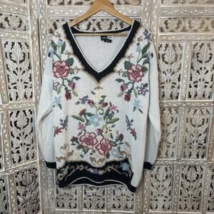 Beldoch Popper V-Neck Sweater Large Cream Whimsical Floral Cottage Granny Core